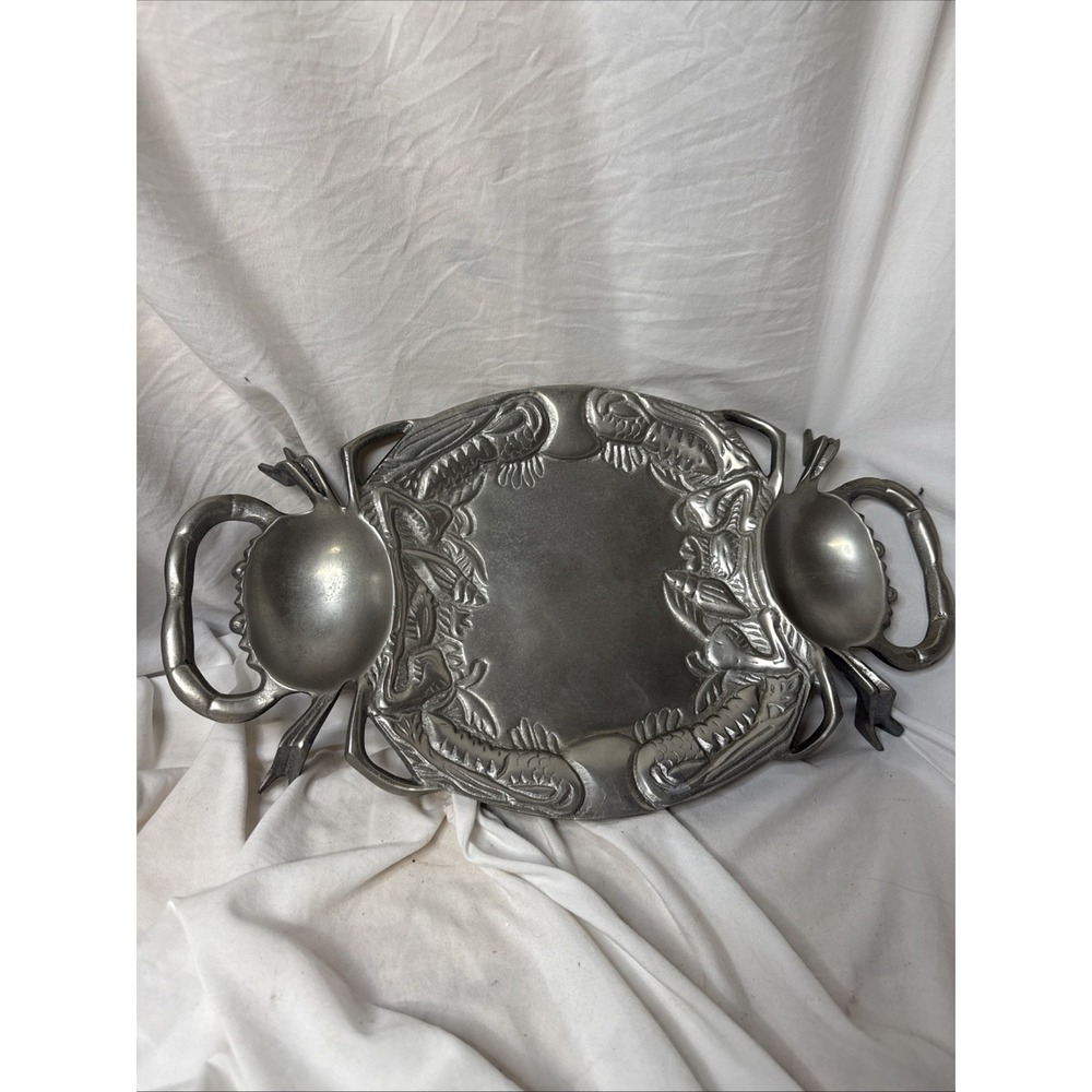VTG Figural Crab Platter Pewter Decorative Serving Tray Charcuterie Dip Seafood